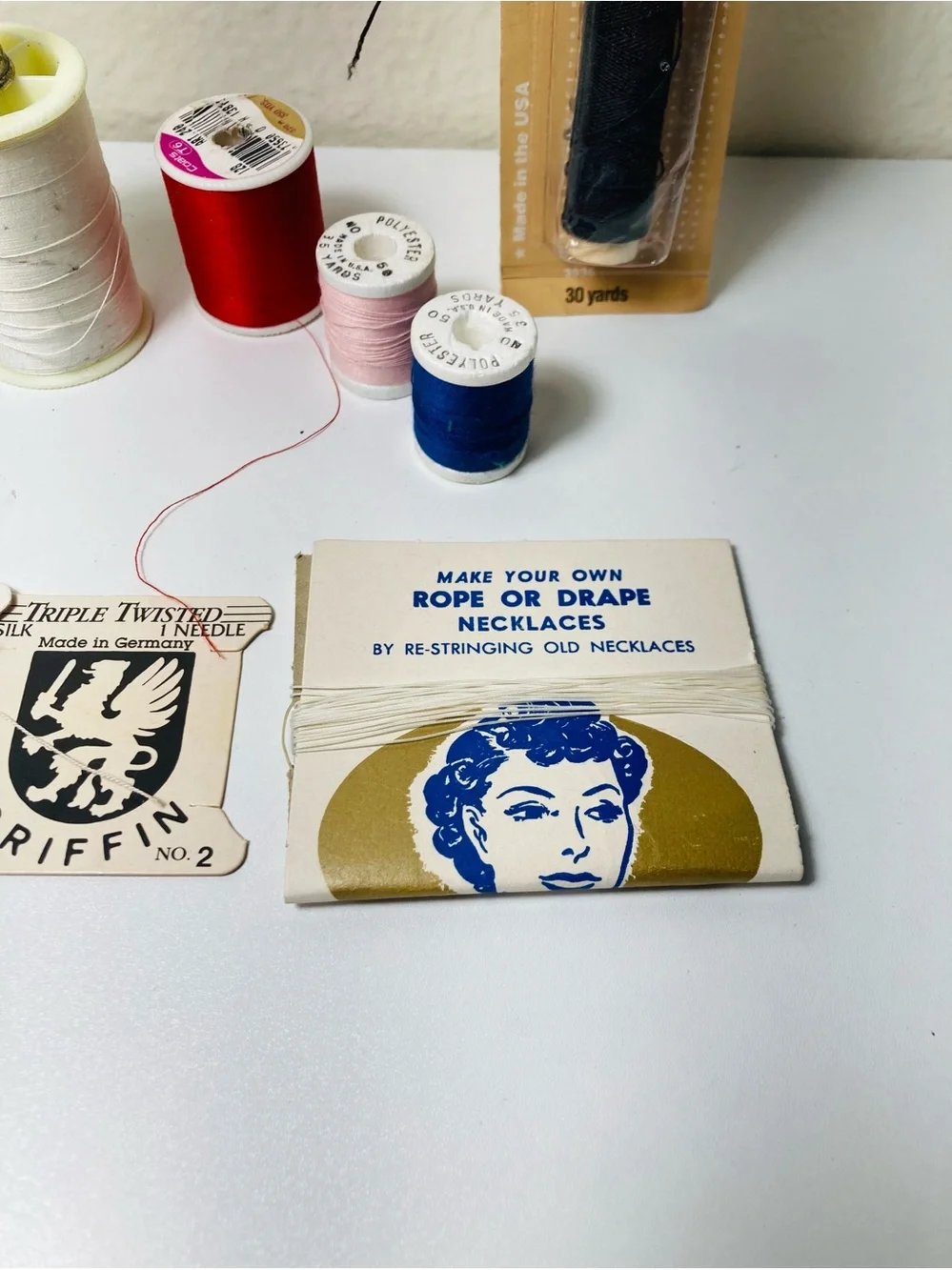 Vintage Assorted Sewing Thread Spools and Notions - White, Black, Red, Blue